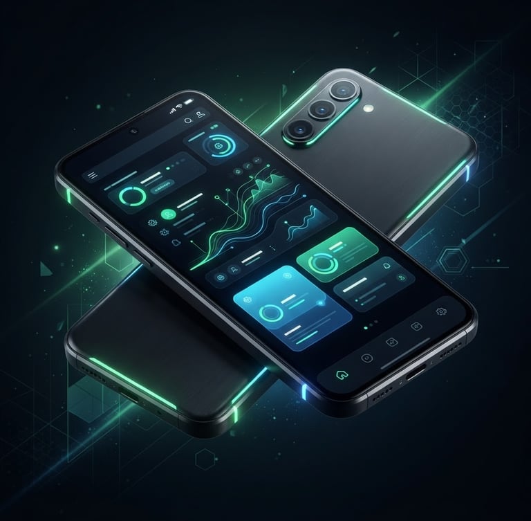 Sleek dark-mode digital rendering, neon green accent lighting, high-fidelity UI mockup on an isometric Android device, 3d render