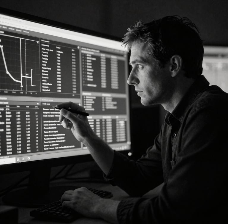 High-contrast black and white portrait of a focused strategist reviewing a technical data dashboard, dramatic side-lighting, sharp focus, 35mm film