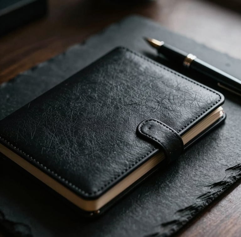 Tight macro crop of a black leather notebook and a fountain pen on a dark slate desk, dramatic side-lighting, high-contrast, desaturated cool tones, sharp focus, 35mm film