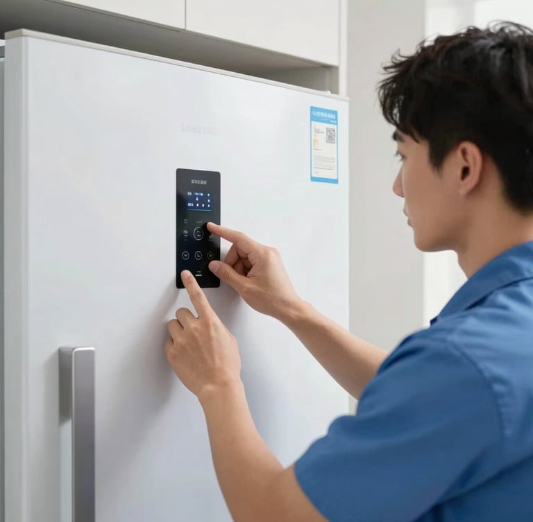 A close-up of a professional technician in a clean uniform adjusting the digital temperature control panel of a modern Samsung refrigerator, bright clean home lighting.