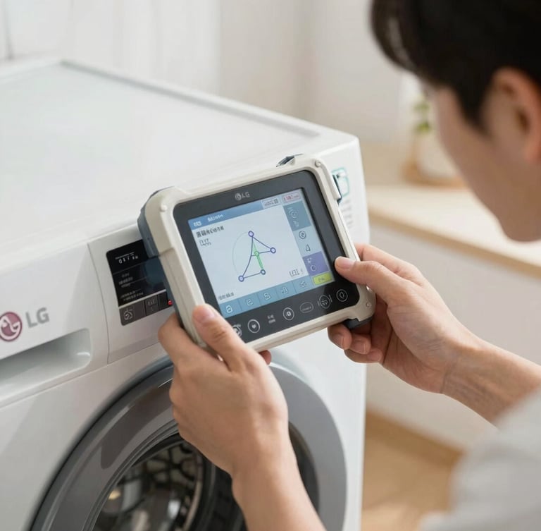 Close-up of professional technician hands using digital diagnostic equipment on an LG washing machine control panel, bright home interior lighting