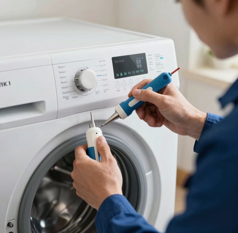 Close-up of professional hands using diagnostic tools on a modern washing machine electronic control panel, bright natural home lighting, technician uniform visible