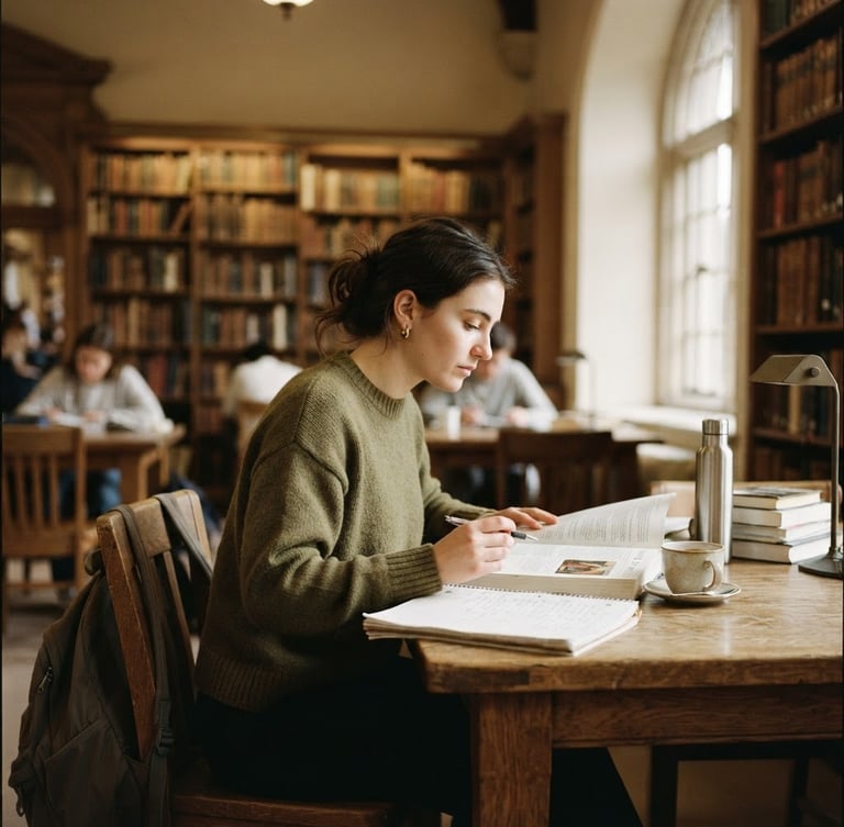 A quiet medium-wide environmental portrait of a student studying in a sunlit library, warm muted tones, shallow depth of field, 35mm lens.