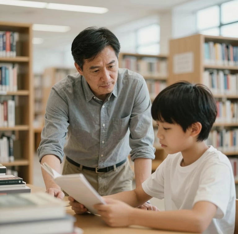 A medium environmental portrait of a mentor guiding a young student in a modern, sunlit library, warm muted tones, soft natural daylight, 35mm lens