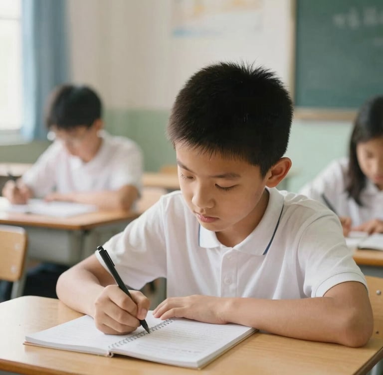 A medium environmental portrait of a young student focused on writing in a notebook in a sunlit classroom, warm muted tones, soft natural daylight, documentary style.
