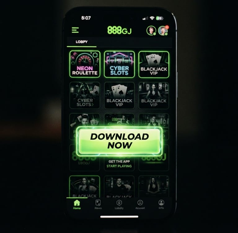 Close-up of a mobile phone screen displaying the 888GJ game lobby with a prominent download button, neon green glow, dark high-contrast gaming aesthetic, 35mm, portrait aspect ratio