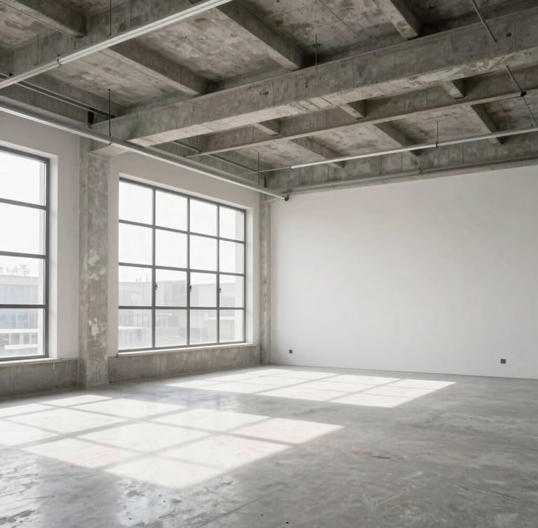 Pristine dust-free completed interior after professional post-construction cleaning, bright natural daylight, crisp architectural photography, high-contrast industrial tones