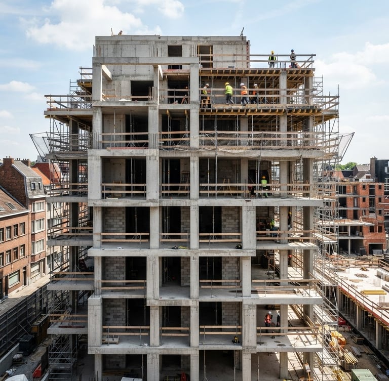 Crisp architectural photography of a modern Belgian residential building under construction, clean concrete lines, bright natural daylight, sharp focus, 35mm lens