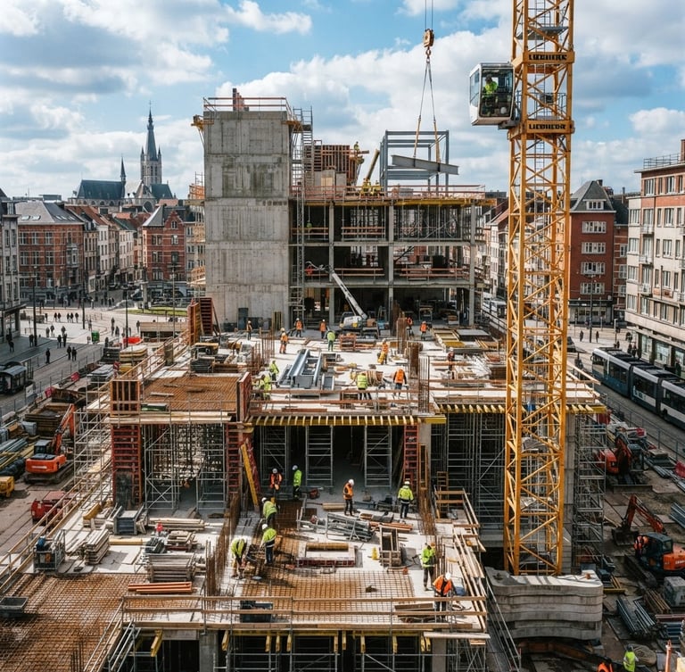 Crisp architectural photography of an active Belgian construction site, sharp focus, natural daylight, high-contrast industrial tones, 35mm lens