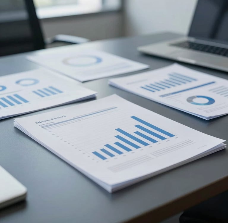 Close-up of corporate financial documents and analysis charts on a clean boardroom table, natural office daylight, cool navy and slate tones, sharp focus.