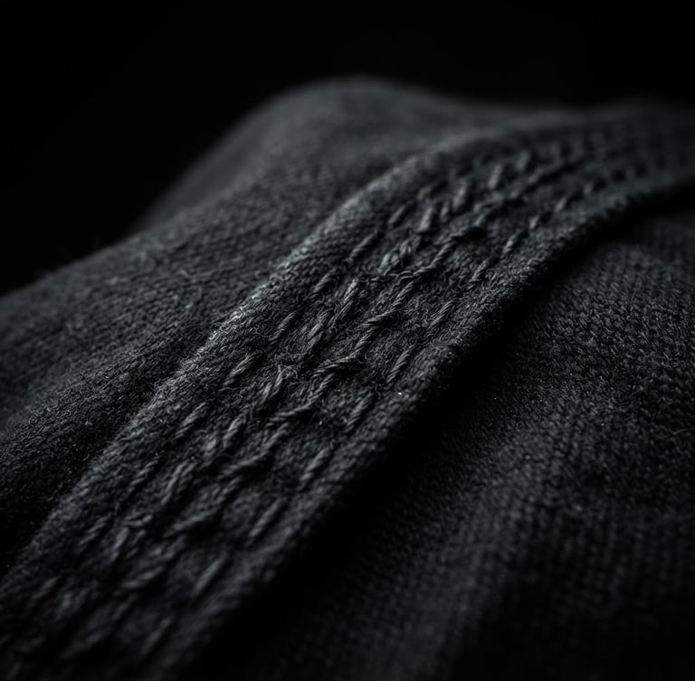 Extreme close-up of heavy double-faced cotton stitching on a black garment, dramatic chiaroscuro studio lighting, deep shadows, high contrast black background, sharp focus, 85mm