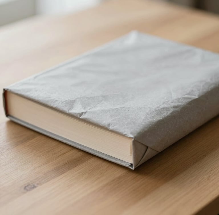 Close-up of a hand-wrapped book in grey butcher paper resting on a clean wooden table, soft diffused morning daylight, muted earth tones.