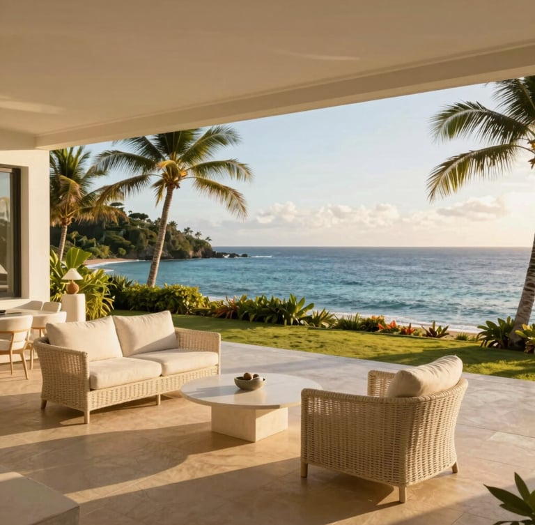 Clean architectural photo of a high-end villa terrace in Guadeloupe, warm golden-hour tropical sunlight, pristine outdoor furniture, deep ocean view in background, 35mm lens