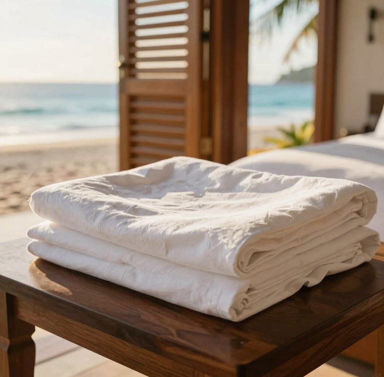 Close-up of crisp white linens neatly folded on a dark wood bed in a bright tropical villa, soft golden-hour sunlight filtering through wooden shutters, 35mm.