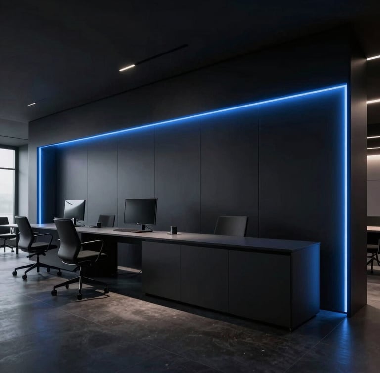 Sleek modern digital agency office in Munich, ultra-clean Swiss design aesthetic, low-key dramatic studio lighting with sharp electric-blue rim lights, high contrast