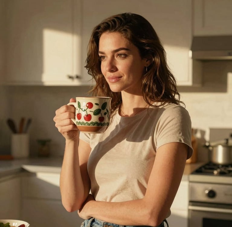 Candid medium shot of Ms. Cherry in a sun-drenched California kitchen, holding a beautifully designed ceramic mug, warm golden hour light casting soft shadows, cinematic 16:9 frame.