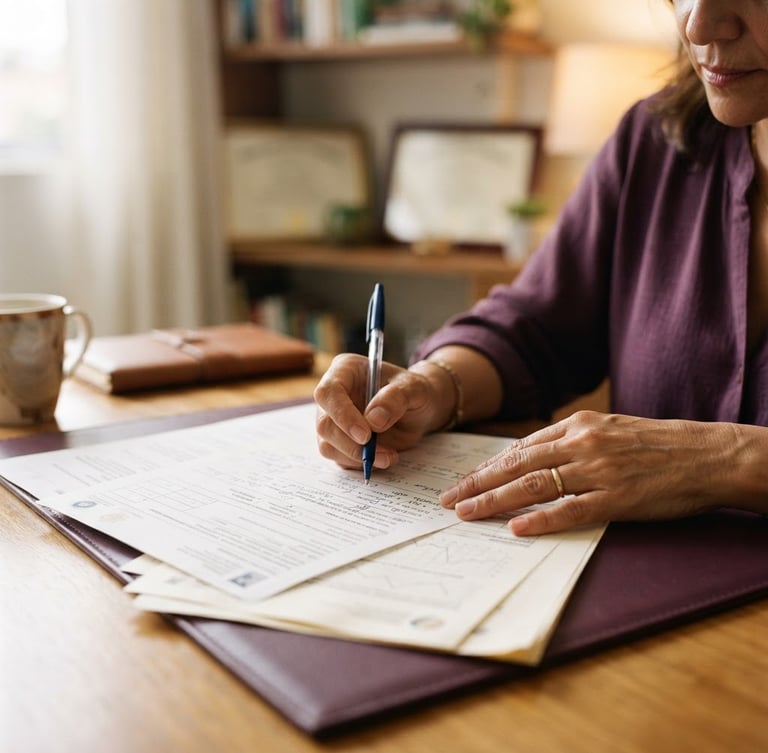 Close-up of a Colombian psychologist's hands reviewing documents at a desk, soft natural daylight, deep grape and warm neutral tones, professional documentary style, 35mm