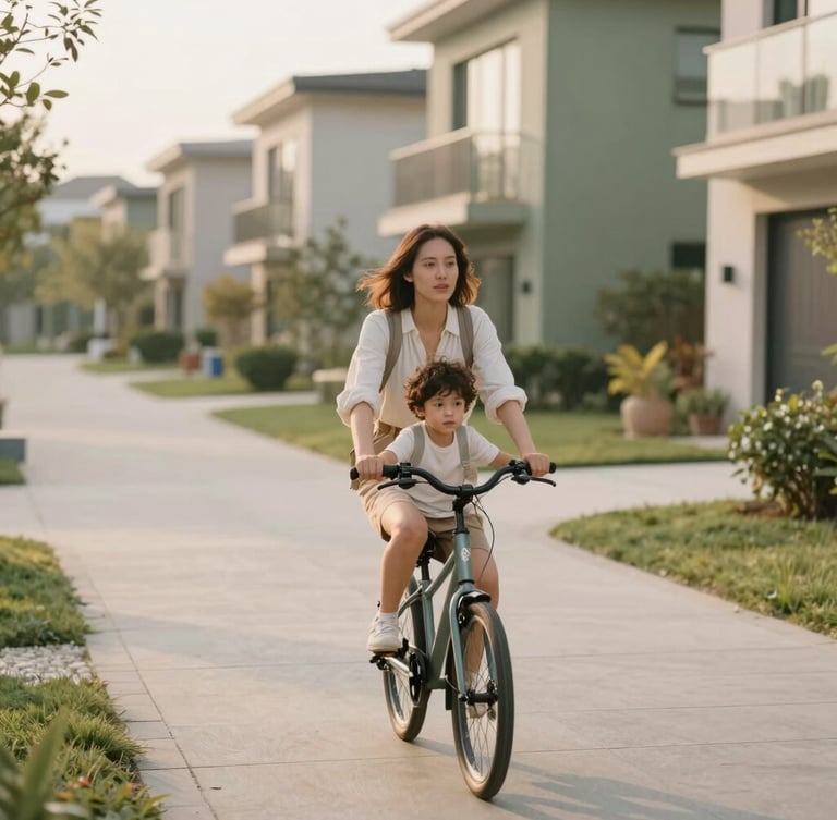 Warm editorial portrait of a mother and child riding a bicycle on a paved path inside a modern green gated community, golden hour natural light, soft focus, shallow depth of field, 35mm.
