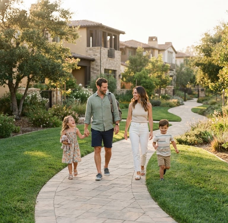 A bright environmental photo of a young family walking together on a paved path inside a modern gated community, lush green lawns, soft golden hour sunlight, warm editorial photography, 35mm