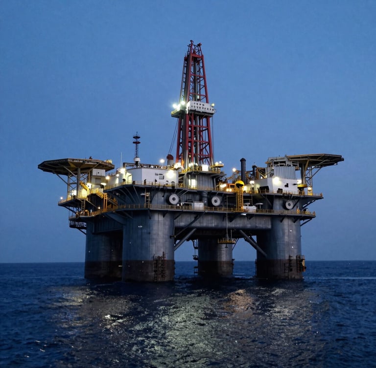 Dramatic industrial photography, cold blue-hour lighting of a massive Canadian offshore oil rig in deep water, metallic tones, wide-angle lens