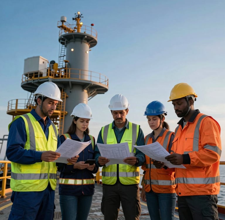 Low-angle heroic portrait of a diverse team of engineers in high-visibility safety gear and hardhats, holding technical schematics on an offshore platform deck, crisp daylight.