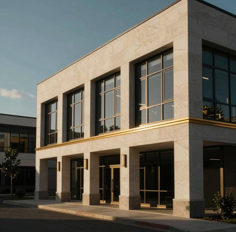 Vue latérale d'un mockup architectural élégant d'un campus chrétien moderne, façade en pierre claire et verre, lumière du soleil du matin, ciel clair, style cinématographique.