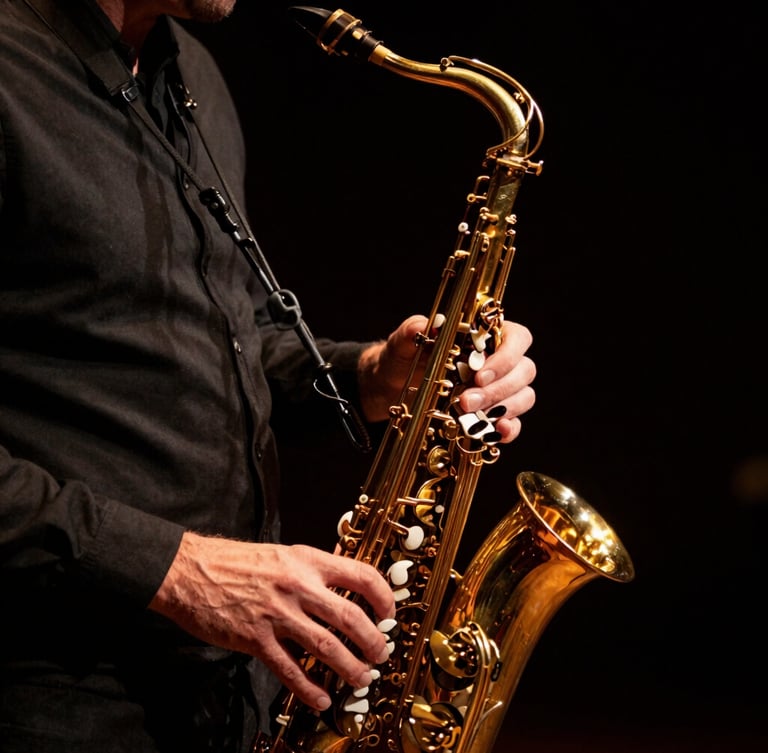 Gros plan intime des mains de Stéphane Nerplat sur un saxophone doré brillant, lumière latérale douce, fond noir, shallow depth of field