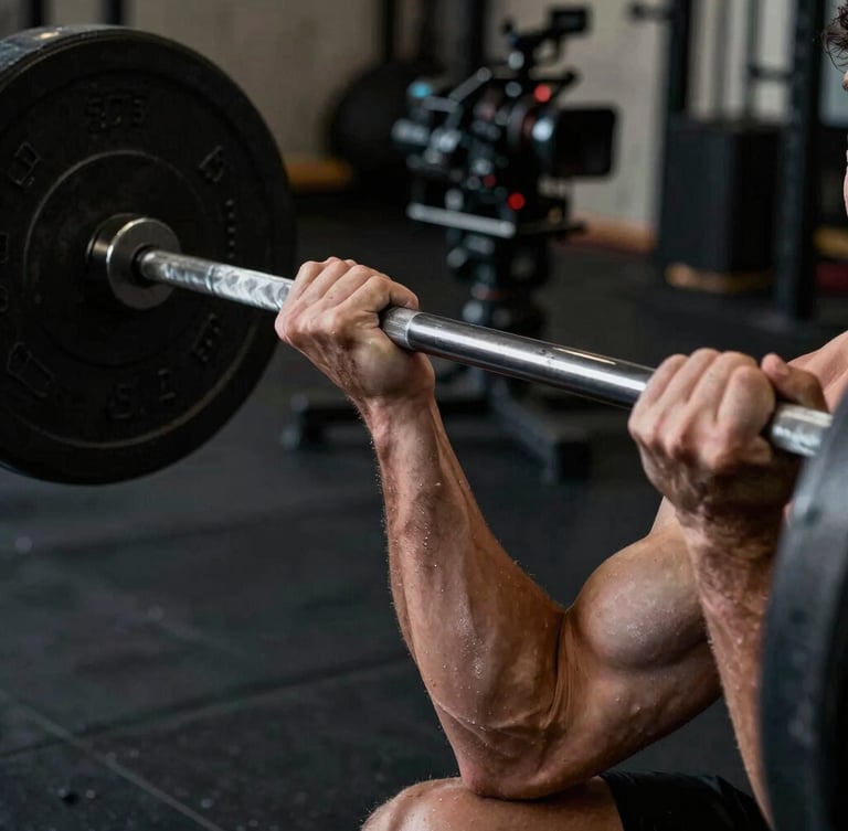 Dynamic close-up of an athlete's chalked hands gripping a heavy barbell in a dark, high-contrast London gym, dramatic shadows, raw sweat, professional camera rig visible in the background blur.
