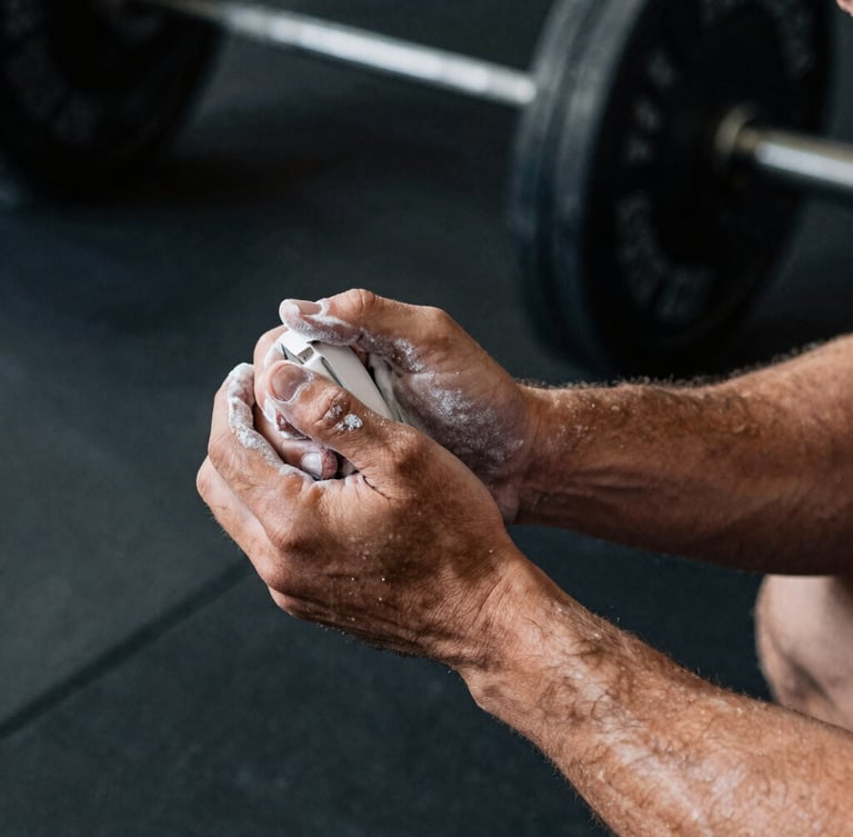 A high-contrast close-up photograph of an athlete's hands chalking up before a heavy lift, dramatic gym shadows and raw athletic texture