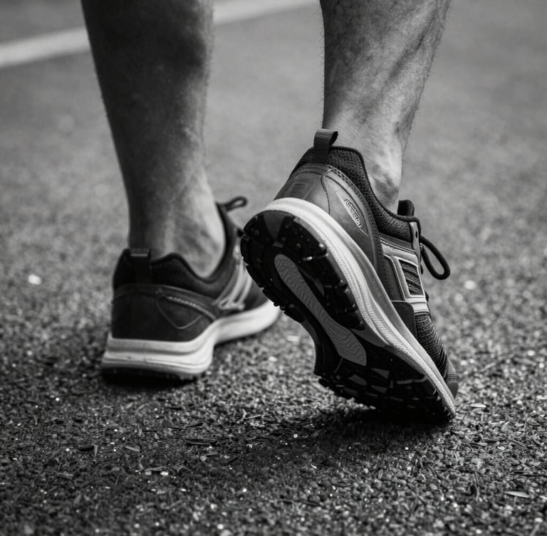 Tight dynamic action crop of running shoes hitting the pavement, high contrast black and white, sharp focus.