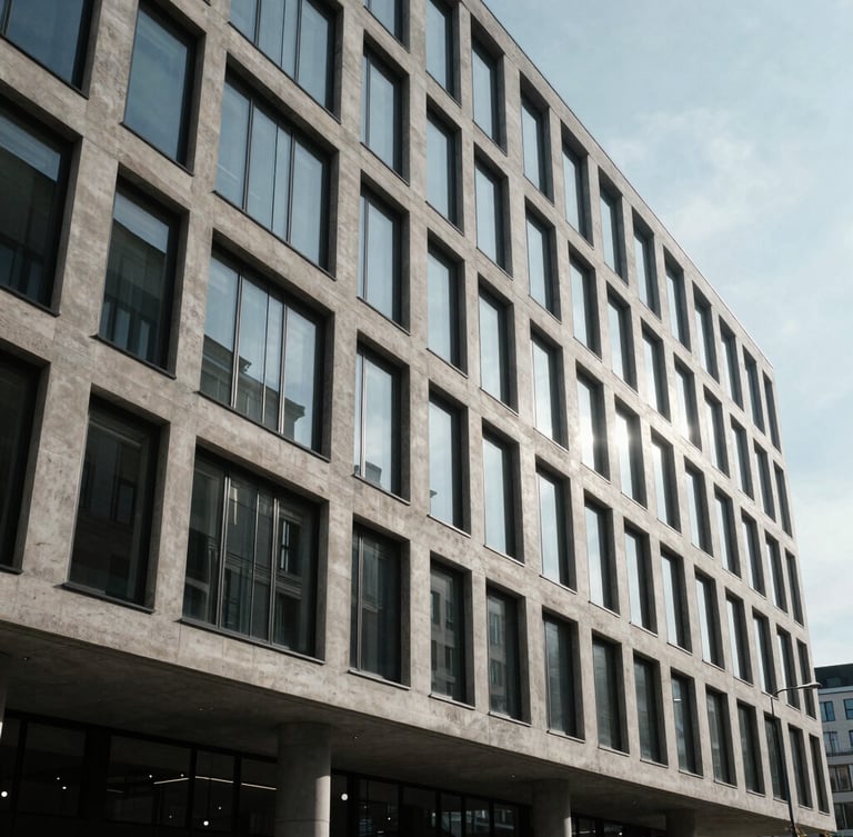 Wide-angle architectural elevation of a modern concrete and glass building facade in Munich, high-contrast cool daylight, sharp geometric shadows, minimalist aesthetic.