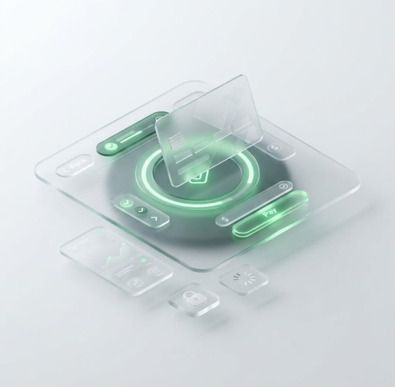 sleek 3d render, glassmorphic checkout UI interface with floating credit card, glowing green accents, clean white backdrop, crisp studio light, isometric