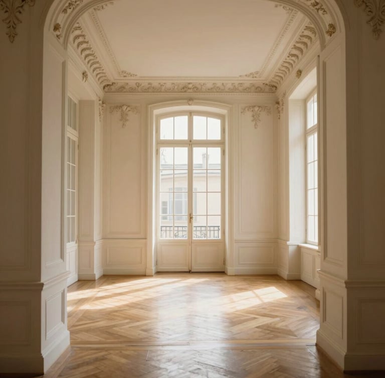 Warm editorial photography of a grand Parisian salon with high ceilings, delicate plaster moldings, herringbone parquet floors, and soft afternoon window light, 35mm