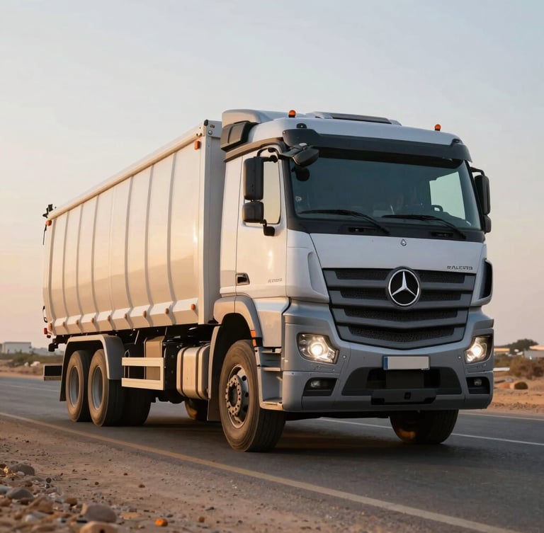 Low-angle heroic shot of a heavy-duty Mercedes cargo truck driving on the Cairo-Alexandria desert road during early morning golden hour, long shadows, sharp details, industrial atmosphere.