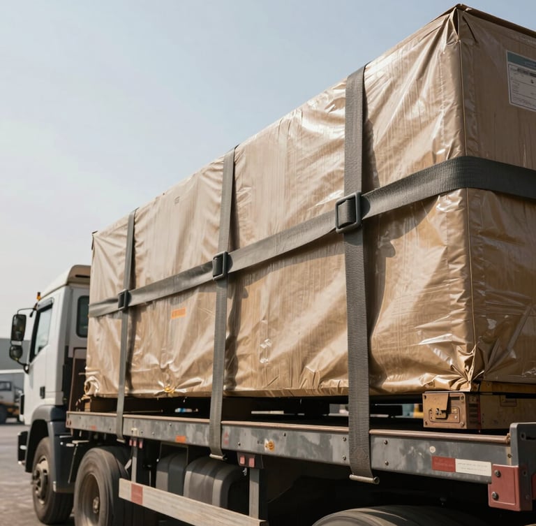 A close-up heroic low-angle shot of industrial cargo being secured with heavy-duty metal tension straps on a flatbed truck, active Cairo logistics hub background, harsh daylight