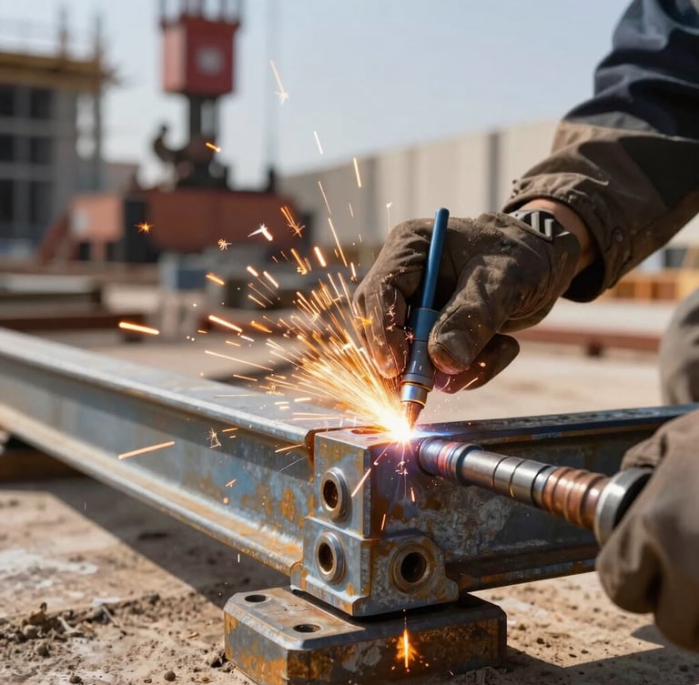 Close-up of industrial steel joint welding on an active construction site in Dammam, bright daylight, safety orange sparks
