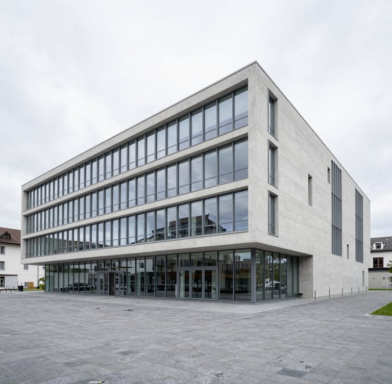 Wide architectural angle of a minimalist modern distribution headquarters in Switzerland, clean concrete and glass facade, bright overcast daylight, cool slate tones, sharp focus, 35mm