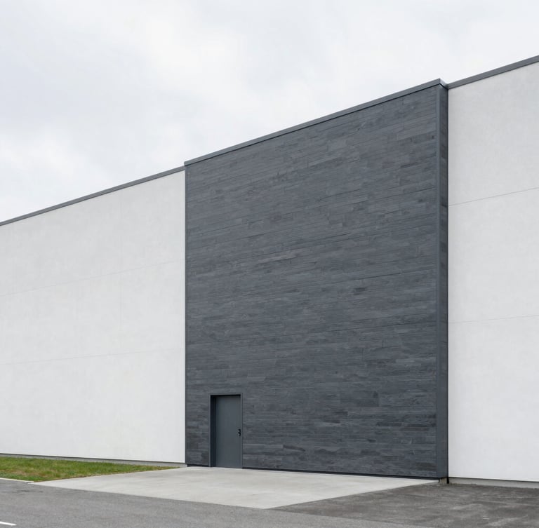 Wide architectural photography of a modern minimalist distribution center facade in Geneva, bright overcast daylight, cool slate and white tones, sharp focus, 35mm