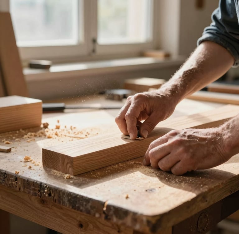 Hands of a carpenter smoothing a piece of oak wood on a rustic workbench, warm natural sunlight streaming through a workshop window, sawdust in the air, shallow depth of field