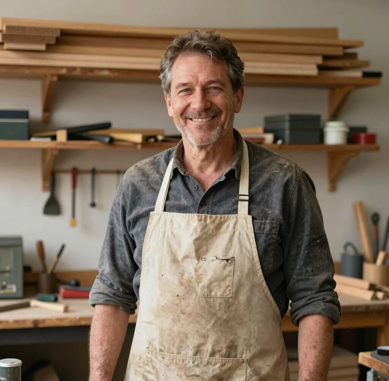 An authentic portrait of a middle-aged carpenter in a dusty canvas apron smiling in his warm workshop, shelves of wooden planks and hand tools in the background
