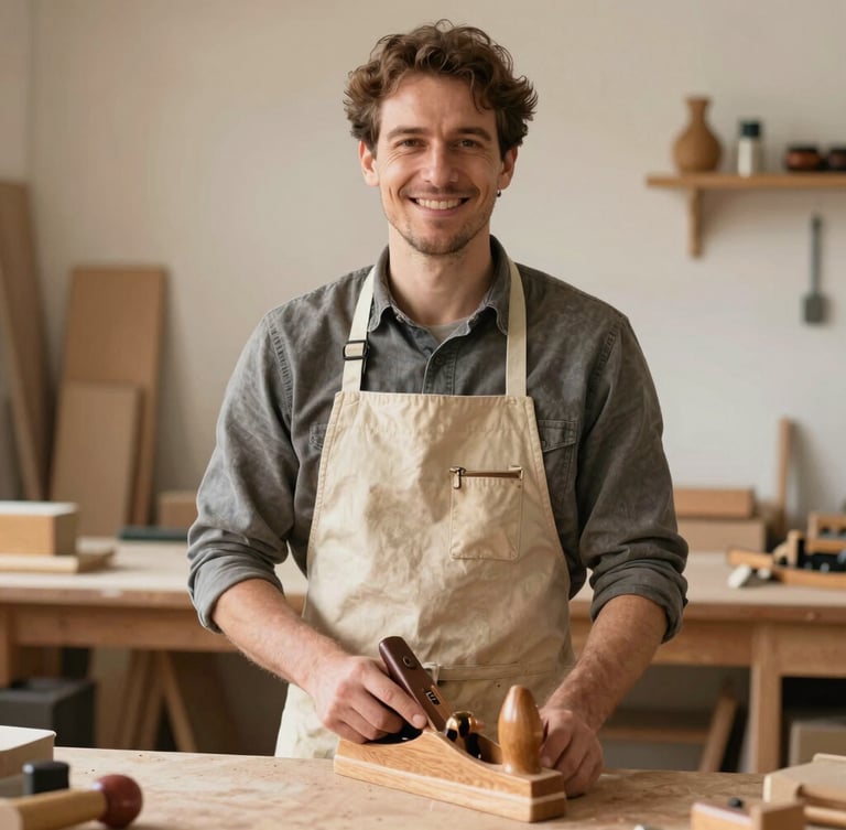 Medium portrait shot of a smiling French carpenter in a canvas apron, holding a wooden plane at a workbench, natural warm workshop light, authentic documentary style