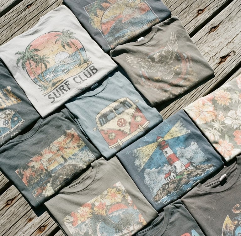 Gritty film photography, top-down flat lay of sun-bleached graphic t-shirts on weathered coastal wooden boards, harsh midday sunlight, high contrast, 35mm