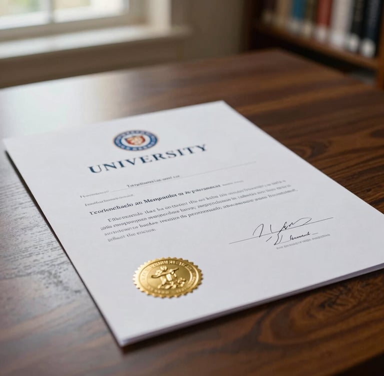 Close-up of an official university acceptance letter with a gold seal resting on a dark walnut desk, soft side-lighting from a library window