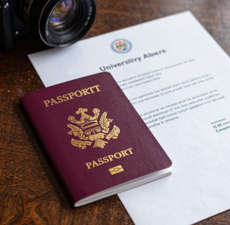 A close-up of a British passport and an official university acceptance letter resting on a dark oak library table, natural side light