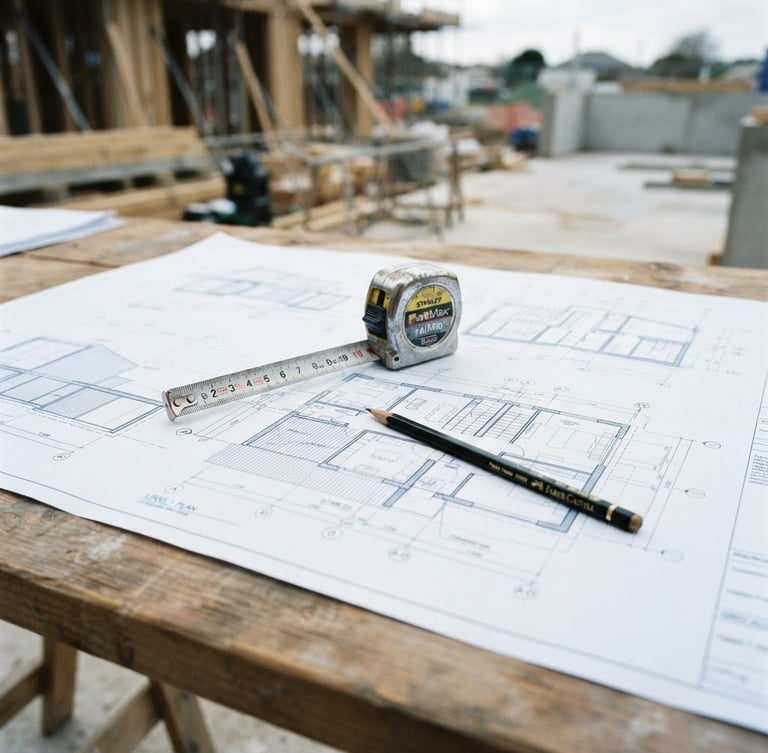 Crisp architectural blueprint plans laid out on a site table, a steel measuring tape and pencil resting on the technical drawing, bright natural overcast daylight, cool slate blue tones, sharp focus, 35mm