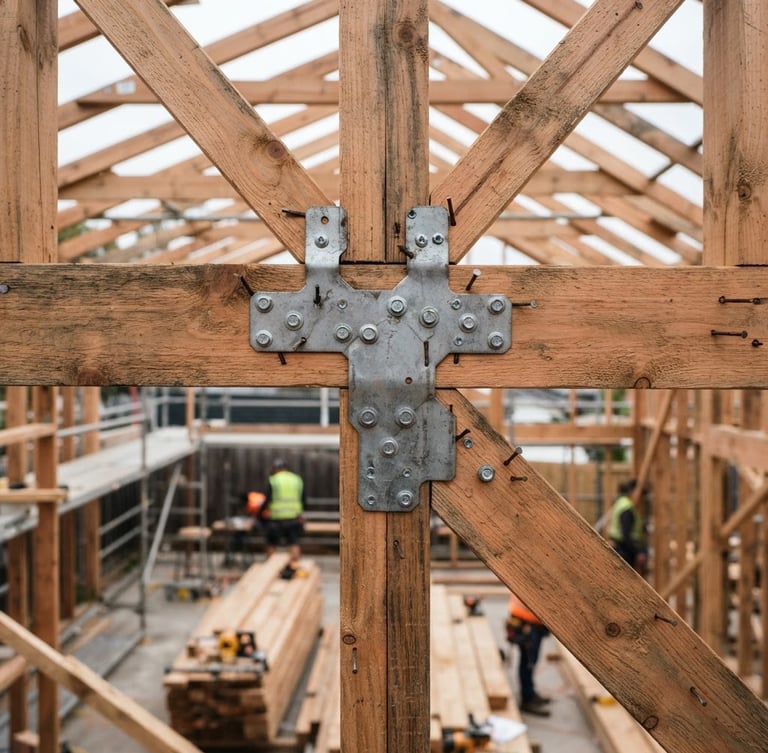 Medium close-up technical shot of timber framing on an active Victorian residential construction site under bright overcast daylight, focus on steel joint connector