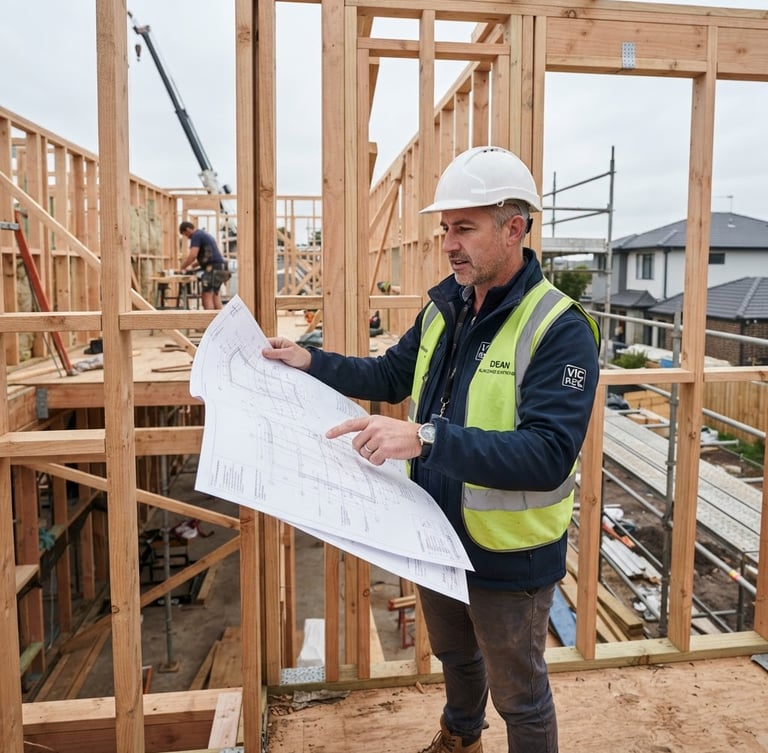 Professional medium shot of Dean, a registered building surveyor, on an active residential framing site in Victoria, holding architectural blueprints, natural overcast daylight, cool slate tones, sharp focus, 35mm