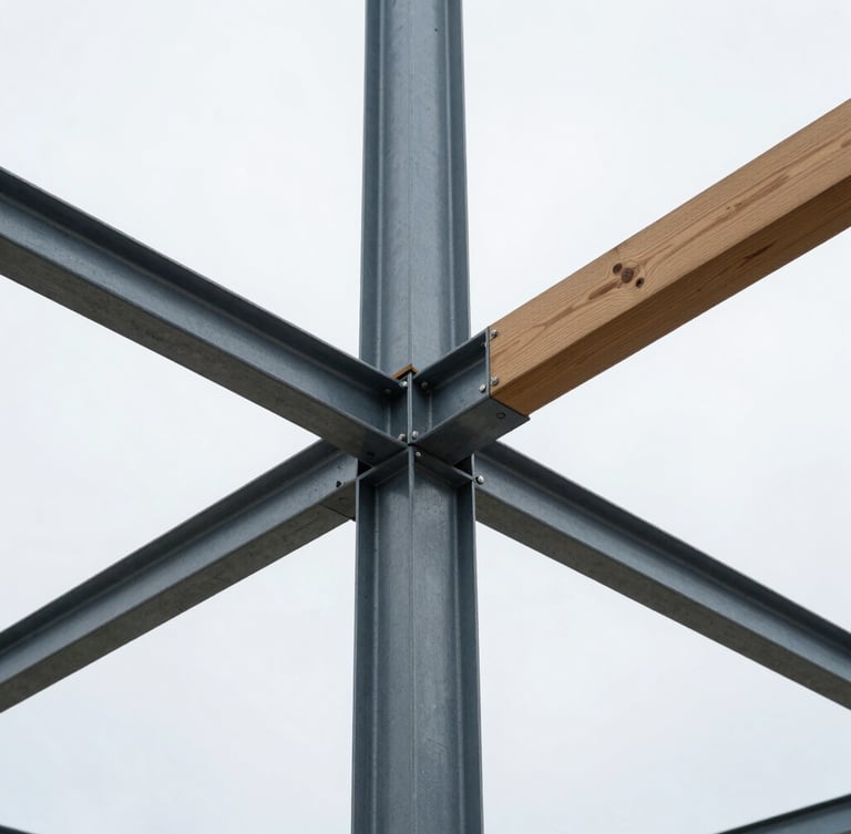Close-up of a technical architectural drawing showing structural framing details, steel joints, crisp drafting lines, natural daylight, 35mm
