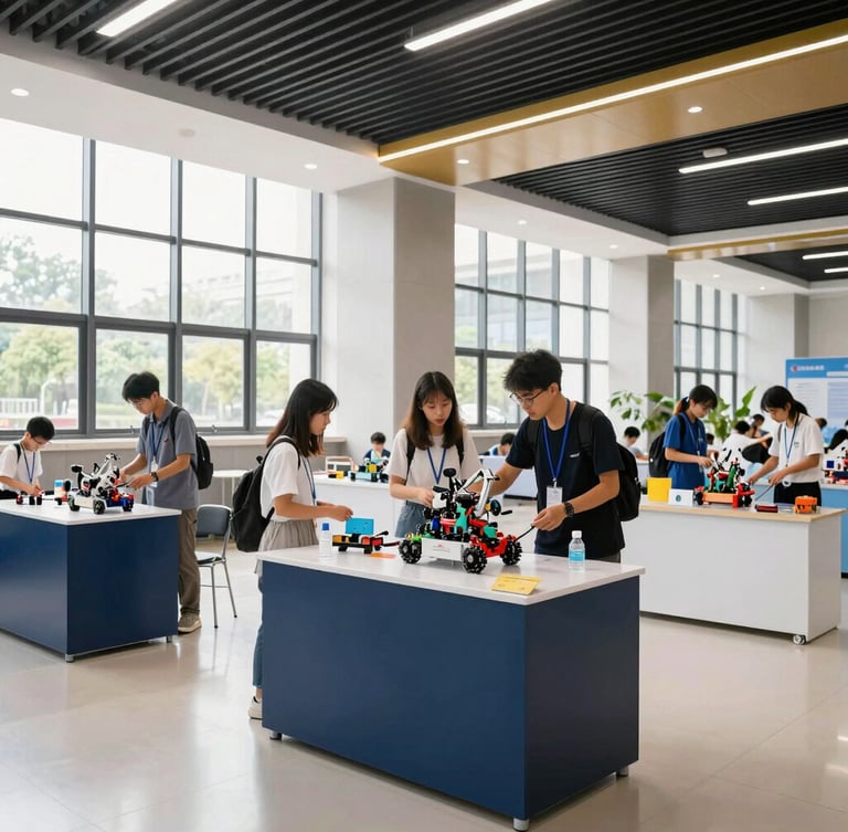 A wide-angle shot of a clean, modern exhibition hall filled with student-led science exhibits, bright daylight streaming through high windows, focused educators evaluating a robotics display