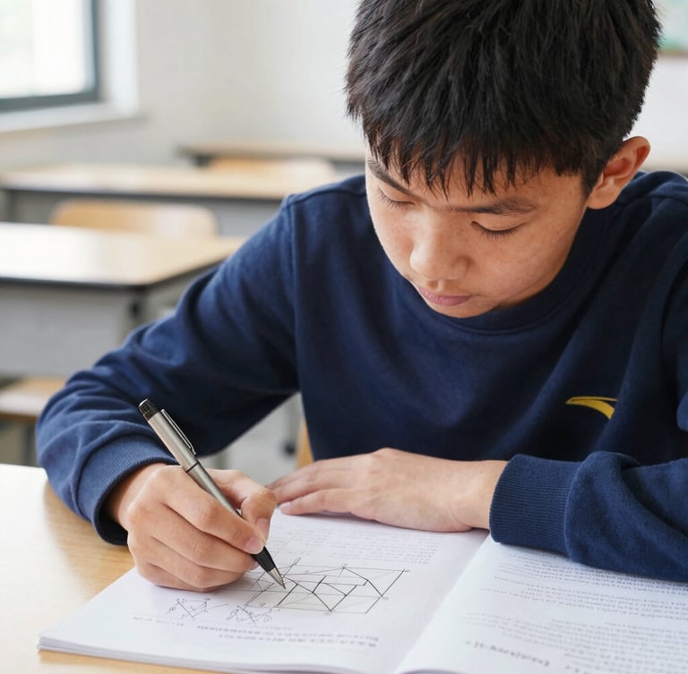 A close-up portrait of a student in deep concentration during an exam, holding a pen over a complex geometry diagram, soft natural daylight, sharp focus on the page, clean modern classroom background.
